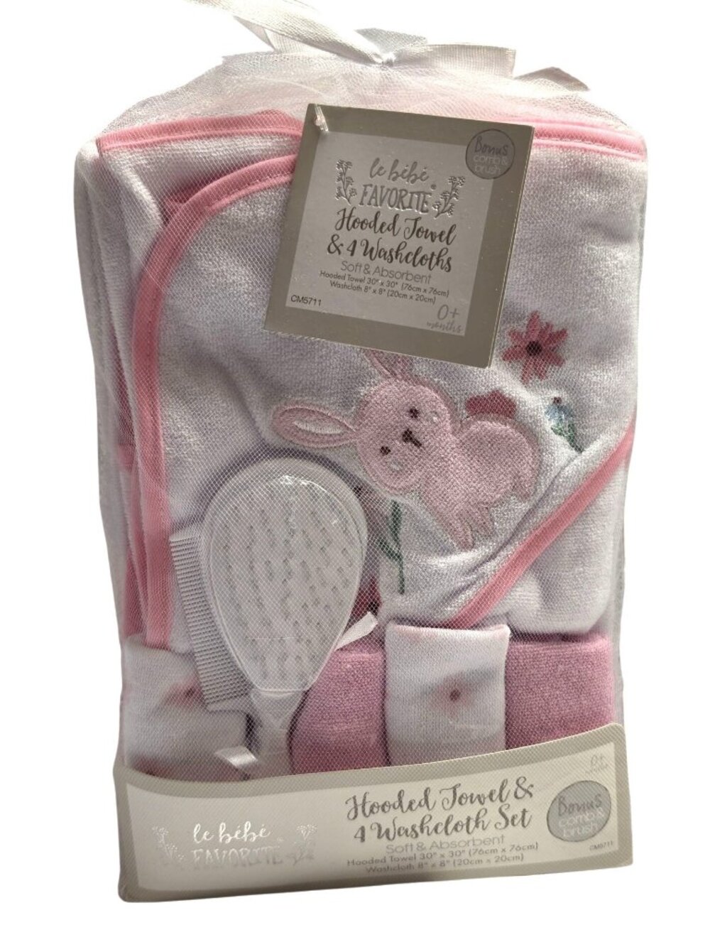 Le Bebe Favorite Pink Bunny Hooded Towel 4 Washcloths Brush Comb Baby Set New